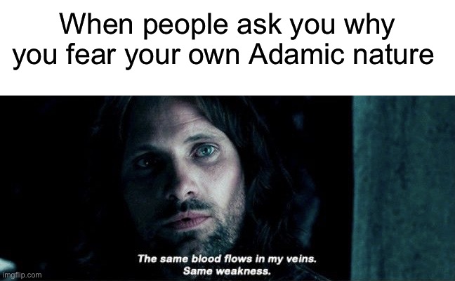 When people ask you why you fear your own Adamic nature | image tagged in blank white template,aragorn,lord of the rings,theology,sin,christian memes | made w/ Imgflip meme maker