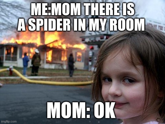 Disaster Girl | ME:MOM THERE IS A SPIDER IN MY ROOM; MOM: OK | image tagged in memes,disaster girl | made w/ Imgflip meme maker