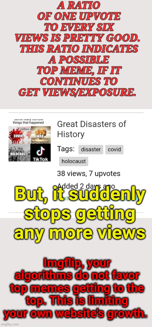 Good Ratios should retain visibility | A RATIO OF ONE UPVOTE TO EVERY SIX VIEWS IS PRETTY GOOD. 

THIS RATIO INDICATES A POSSIBLE TOP MEME, IF IT CONTINUES TO GET VIEWS/EXPOSURE. But, it suddenly stops getting any more views; Imgflip, your algorithms do not favor top memes getting to the top. This is limiting your own website's growth. | image tagged in it doesn't seem fair,invisibility | made w/ Imgflip meme maker