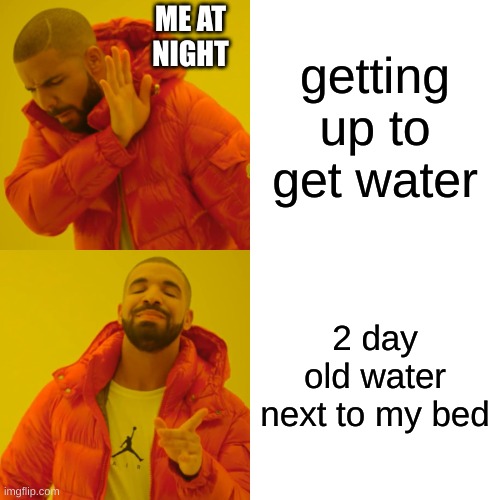 Drake Hotline Bling Meme | ME AT
NIGHT; getting up to get water; 2 day old water next to my bed | image tagged in memes,drake hotline bling | made w/ Imgflip meme maker