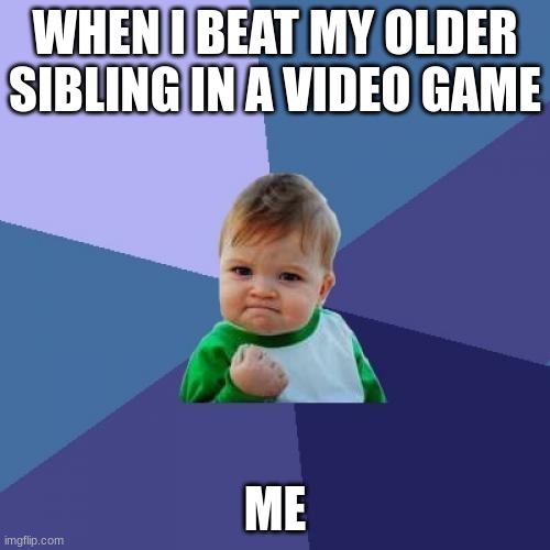 success kid | WHEN I BEAT MY OLDER SIBLING IN A VIDEO GAME; ME | image tagged in memes,success kid | made w/ Imgflip meme maker