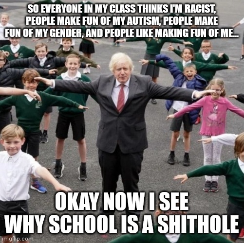 Bullying or no? | SO EVERYONE IN MY CLASS THINKS I'M RACIST, PEOPLE MAKE FUN OF MY AUTISM, PEOPLE MAKE FUN OF MY GENDER, AND PEOPLE LIKE MAKING FUN OF ME... OKAY NOW I SEE WHY SCHOOL IS A SHITHOLE | image tagged in bojo t-posing with school kids | made w/ Imgflip meme maker