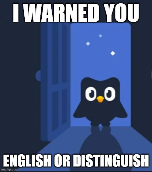 Duolingo bird | I WARNED YOU; ENGLISH OR DISTINGUISH | image tagged in duolingo bird | made w/ Imgflip meme maker