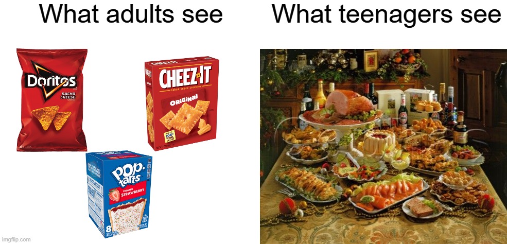 Doritos and Cheez It's were my diet as a teenager | What adults see; What teenagers see | image tagged in blank white template,feast,teenagers,doritos,teen | made w/ Imgflip meme maker