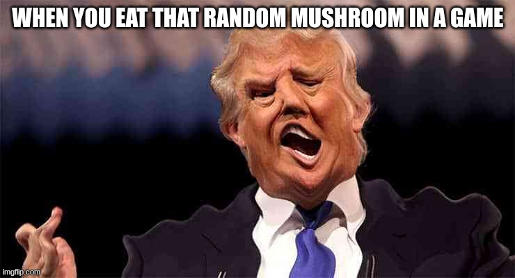Waaaaaayyy Oooout Maaaaaaaan | WHEN YOU EAT THAT RANDOM MUSHROOM IN A GAME | image tagged in trump on acid making the whole world crazy | made w/ Imgflip meme maker