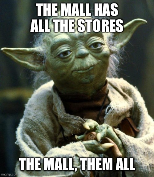 The mall | THE MALL HAS ALL THE STORES; THE MALL, THEM ALL | image tagged in memes,star wars yoda | made w/ Imgflip meme maker