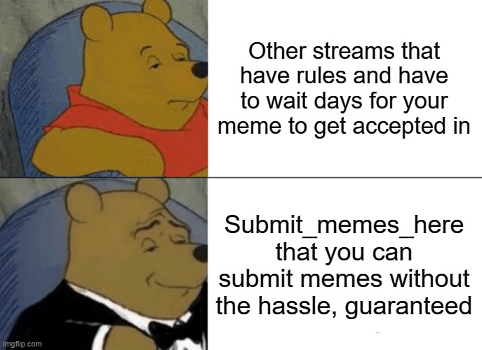 Tuxedo Winnie The Pooh | Other streams that have rules and have to wait days for your meme to get accepted in; Submit_memes_here that you can submit memes without the hassle, guaranteed | image tagged in memes,tuxedo winnie the pooh | made w/ Imgflip meme maker