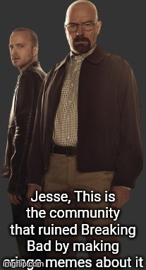 Walter and Jesse | Jesse, This is the community that ruined Breaking Bad by making cringe memes about it | image tagged in walter and jesse | made w/ Imgflip meme maker