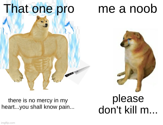Buff Doge vs. Cheems | That one pro; me a noob; there is no mercy in my heart...you shall know pain... please don't kill m... | image tagged in memes,buff doge vs cheems | made w/ Imgflip meme maker