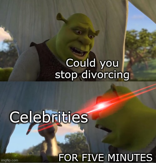celebrity moment | Could you stop divorcing; Celebrities; FOR FIVE MINUTES | image tagged in shrek for five minutes | made w/ Imgflip meme maker