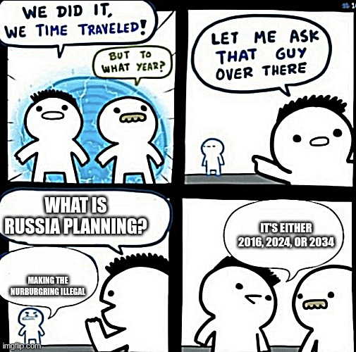 When Russia Does Not Like Motorsports Anymore | WHAT IS RUSSIA PLANNING? IT'S EITHER 2016, 2024, OR 2034; MAKING THE NURBURGRING ILLEGAL | image tagged in we did it we time traveled | made w/ Imgflip meme maker