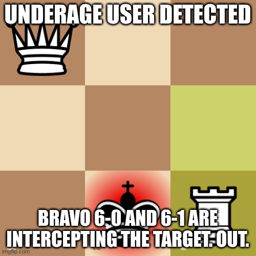 Checkmated King | UNDERAGE USER DETECTED BRAVO 6-0 AND 6-1 ARE INTERCEPTING THE TARGET. OUT. | image tagged in checkmated king | made w/ Imgflip meme maker