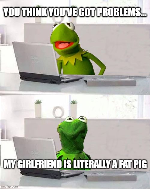 Hide The Pain Kermit | YOU THINK YOU'VE GOT PROBLEMS... MY GIRLFRIEND IS LITERALLY A FAT PIG | image tagged in hide the pain kermit | made w/ Imgflip meme maker