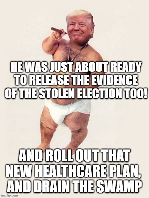 HE WAS JUST ABOUT READY TO RELEASE THE EVIDENCE OF THE STOLEN ELECTION TOO! AND ROLL OUT THAT NEW HEALTHCARE PLAN, 
AND DRAIN THE SWAMP | image tagged in fake potus,corrupt,liar | made w/ Imgflip meme maker