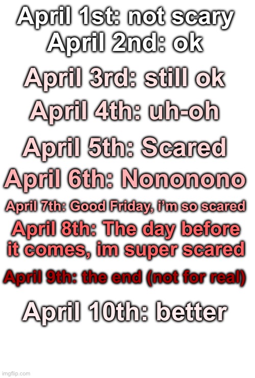 Easter be like: | April 1st: not scary; April 2nd: ok; April 3rd: still ok; April 4th: uh-oh; April 5th: Scared; April 6th: Nononono; April 7th: Good Friday, i’m so scared; April 8th: The day before it comes, im super scared; April 9th: the end (not for real); April 10th: better | image tagged in funny,easter,memes,scared kid,meme,comment | made w/ Imgflip meme maker