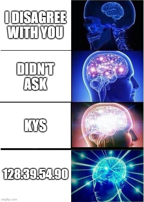 Expanding Brain | I DISAGREE WITH YOU; DIDN'T ASK; KYS; 128.39.54.90 | image tagged in memes,expanding brain | made w/ Imgflip meme maker