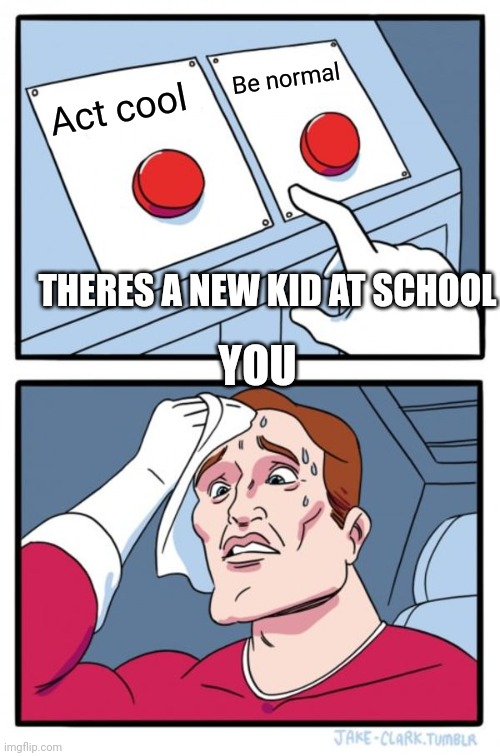 Two Buttons Meme | Be normal; Act cool; THERES A NEW KID AT SCHOOL; YOU | image tagged in memes,two buttons | made w/ Imgflip meme maker