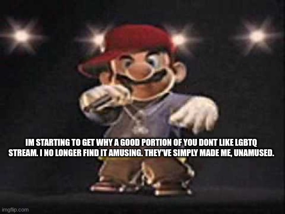 lovely. | IM STARTING TO GET WHY A GOOD PORTION OF YOU DONT LIKE LGBTQ STREAM. I NO LONGER FIND IT AMUSING. THEY'VE SIMPLY MADE ME, UNAMUSED. | image tagged in gangsta mario | made w/ Imgflip meme maker