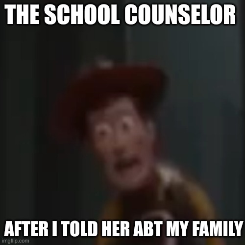 Screaming Woody | THE SCHOOL COUNSELOR; AFTER I TOLD HER ABT MY FAMILY | image tagged in screaming woody | made w/ Imgflip meme maker