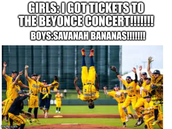 Yoooooooooooo | GIRLS: I GOT TICKETS TO THE BEYONCE CONCERT!!!!!!! BOYS:SAVANAH BANANAS!!!!!!! | image tagged in boys vs girls,me and the boys | made w/ Imgflip meme maker