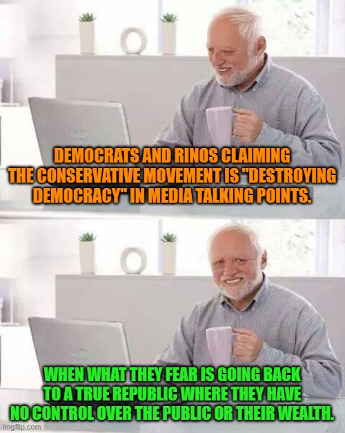 Hide the Pain Harold Meme | DEMOCRATS AND RINOS CLAIMING THE CONSERVATIVE MOVEMENT IS "DESTROYING DEMOCRACY" IN MEDIA TALKING POINTS. WHEN WHAT THEY FEAR IS GOING BACK TO A TRUE REPUBLIC WHERE THEY HAVE NO CONTROL OVER THE PUBLIC OR THEIR WEALTH. | image tagged in memes,hide the pain harold | made w/ Imgflip meme maker
