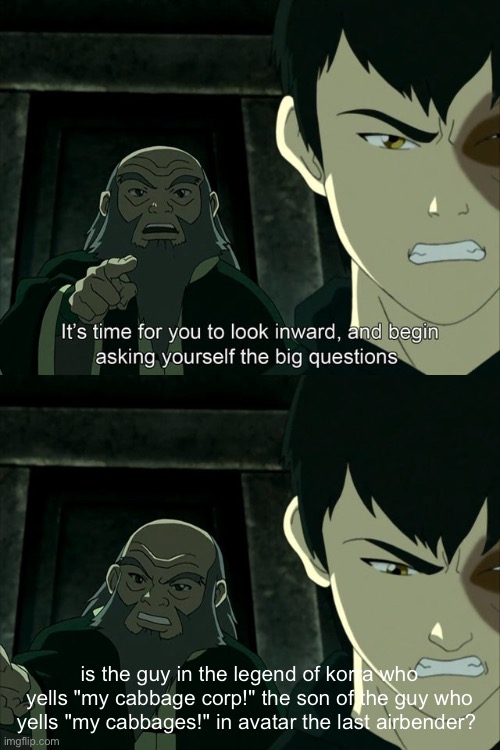 its time to look inward, and ask yourself the big questions. | is the guy in the legend of korra who yells "my cabbage corp!" the son of the guy who yells "my cabbages!" in avatar the last airbender? | image tagged in iroh tells zuko to look inward and ask real questions | made w/ Imgflip meme maker