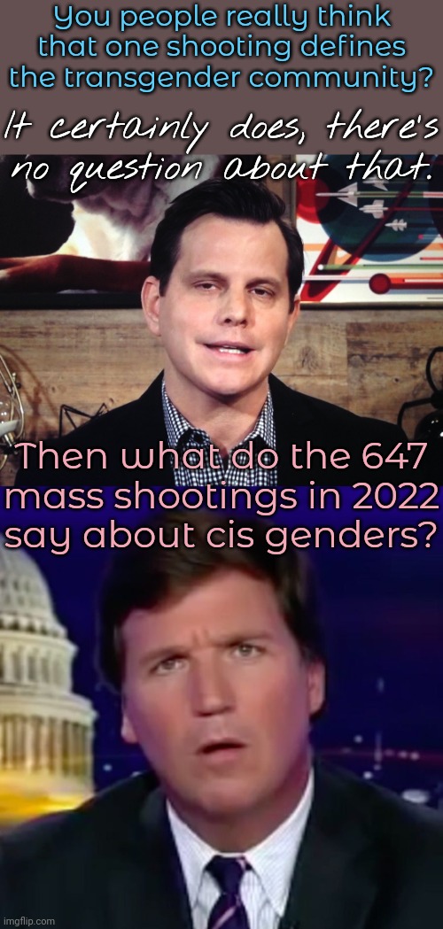 No guns for you! | You people really think that one shooting defines the transgender community? It certainly does, there's
no question about that. Then what do the 647
mass shootings in 2022
say about cis genders? | image tagged in dave rubin,confused tucker carlson,conservative logic,transphobic,lgbt,gop hypocrite | made w/ Imgflip meme maker