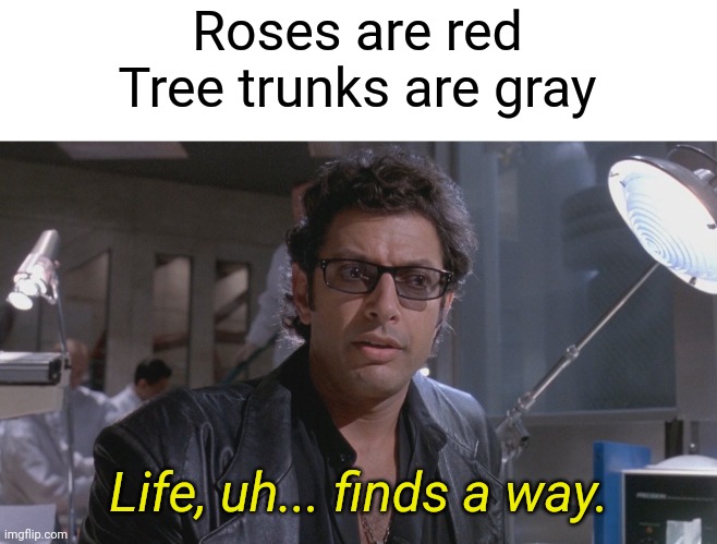 Life finds a way | Roses are red
Tree trunks are gray; Life, uh... finds a way. | image tagged in life finds a way,ian malcolm,jurassic park,roses are red | made w/ Imgflip meme maker