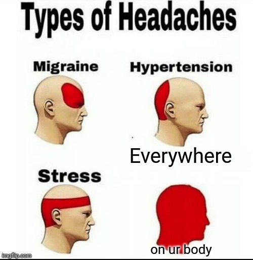 Types of Headaches meme | Everywhere; on ur body | image tagged in types of headaches meme | made w/ Imgflip meme maker