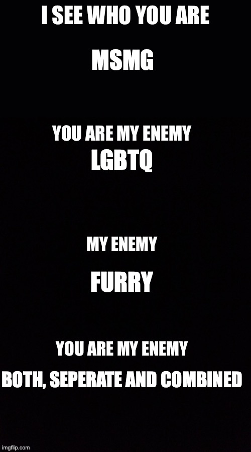 I see who you are, you are my enemy | MSMG; LGBTQ; FURRY; BOTH, SEPERATE AND COMBINED | image tagged in i see who you are you are my enemy | made w/ Imgflip meme maker