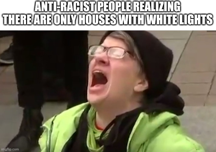 Screaming Liberal  | ANTI-RACIST PEOPLE REALIZING THERE ARE ONLY HOUSES WITH WHITE LIGHTS | image tagged in screaming liberal | made w/ Imgflip meme maker