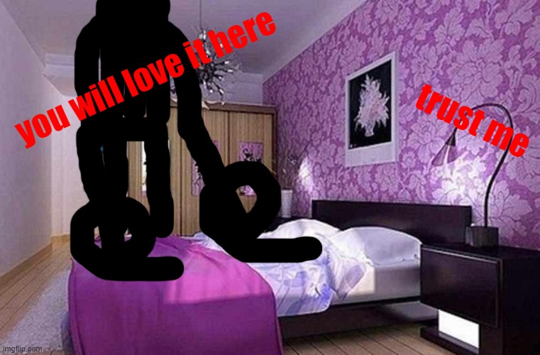 Pink bedroom | you will love it here; trust me | image tagged in pink bedroom | made w/ Imgflip meme maker