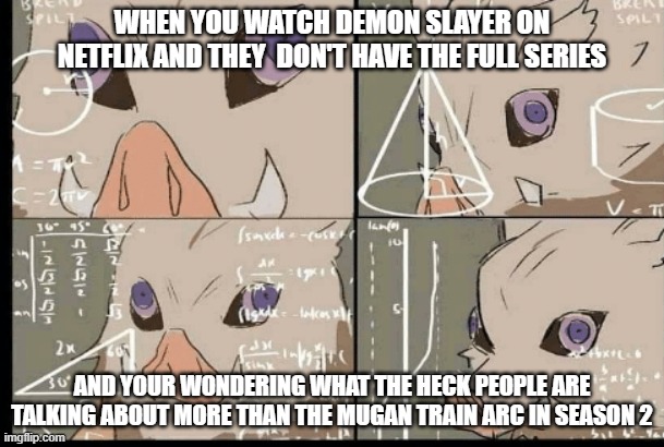 I honestly did this | WHEN YOU WATCH DEMON SLAYER ON NETFLIX AND THEY  DON'T HAVE THE FULL SERIES; AND YOUR WONDERING WHAT THE HECK PEOPLE ARE TALKING ABOUT MORE THAN THE MUGAN TRAIN ARC IN SEASON 2 | image tagged in inosuke math confused | made w/ Imgflip meme maker