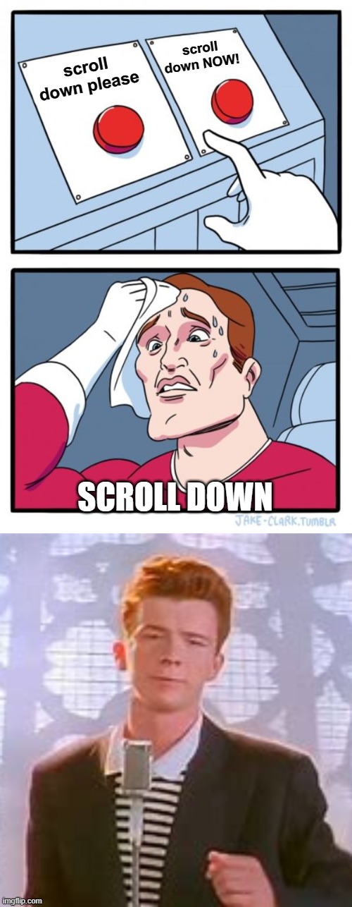 SCROLL DOWN | scroll down NOW! scroll down please; SCROLL DOWN | image tagged in memes,two buttons,rickroll,rickrolling,rickrolled | made w/ Imgflip meme maker
