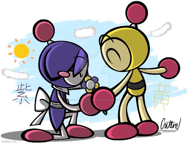 Yellow Bomber x Purple Bomber (Art by The-Brunette-Amitie) | image tagged in bomberman,cute,ship,love | made w/ Imgflip meme maker