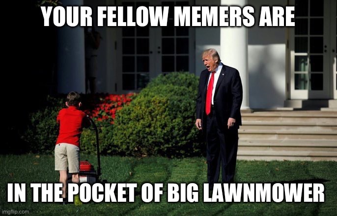Trump Lawn Mower | YOUR FELLOW MEMERS ARE IN THE POCKET OF BIG LAWNMOWER | image tagged in trump lawn mower | made w/ Imgflip meme maker
