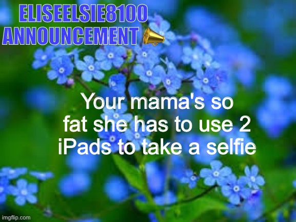 EliseElsie8100 Announcement |  Your mama's so fat she has to use 2 iPads to take a selfie | image tagged in eliseelsie8100 announcement | made w/ Imgflip meme maker