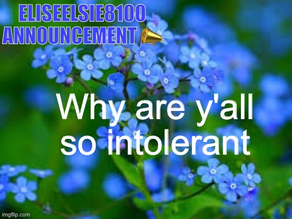 EliseElsie8100 Announcement |  Why are y'all so intolerant | image tagged in eliseelsie8100 announcement | made w/ Imgflip meme maker