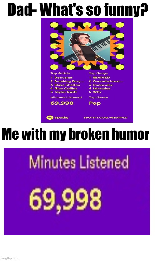 Sorry I haven't uploaded in a while been caught up | Dad- What's so funny? Me with my broken humor | image tagged in spotify,dervikant,69 | made w/ Imgflip meme maker