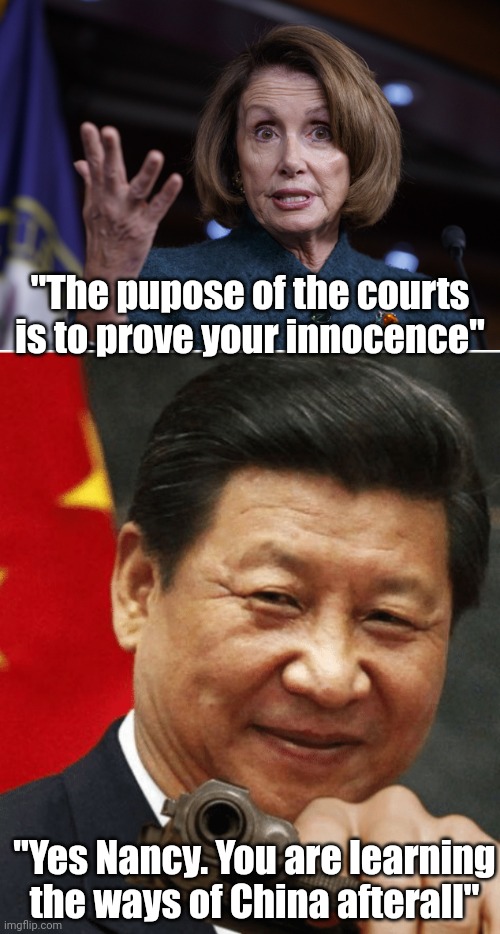 Career whacko, Democrat, and former Speaker of the House Nancy Pelosi confirms you are guilty until found innocent??? | "The pupose of the courts is to prove your innocence"; "Yes Nancy. You are learning the ways of China afterall" | image tagged in xi jinping,liberal hypocrisy,court,nancy pelosi,idiots,expectation vs reality | made w/ Imgflip meme maker