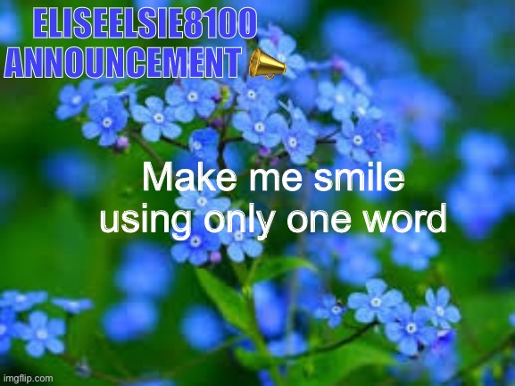 EliseElsie8100 Announcement |  Make me smile using only one word | image tagged in eliseelsie8100 announcement | made w/ Imgflip meme maker