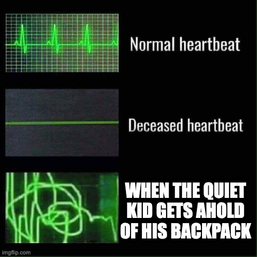 yk when this happens, run | WHEN THE QUIET KID GETS AHOLD OF HIS BACKPACK | image tagged in heart beat meme template | made w/ Imgflip meme maker