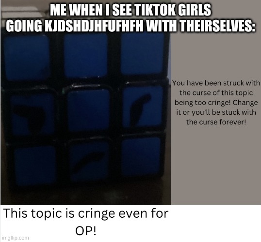 Tiktok is cringe, i mean rubix cube agrees, right? | ME WHEN I SEE TIKTOK GIRLS GOING KJDSHDJHFUFHFH WITH THEIRSELVES: | image tagged in rubix cube wants to change that topic | made w/ Imgflip meme maker