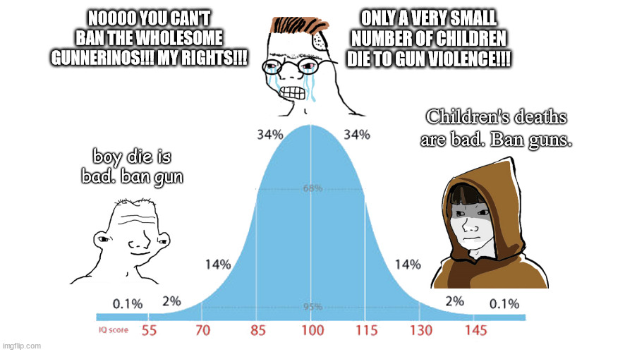 Midwit memes | ONLY A VERY SMALL NUMBER OF CHILDREN DIE TO GUN VIOLENCE!!! NOOOO YOU CAN'T BAN THE WHOLESOME GUNNERINOS!!! MY RIGHTS!!! Children's deaths are bad. Ban guns. boy die is bad. ban gun | image tagged in midwit memes | made w/ Imgflip meme maker