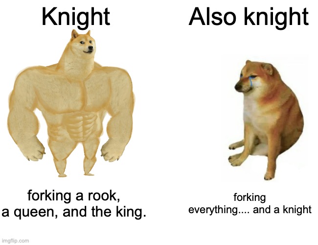 Chess be like | Knight; Also knight; forking a rook, a queen, and the king. forking everything.... and a knight | image tagged in memes,buff doge vs cheems | made w/ Imgflip meme maker