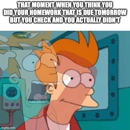 fry | THAT MOMENT WHEN YOU THINK YOU DID YOUR HOMEWORK THAT IS DUE TOMORROW BUT YOU CHECK AND YOU ACTUALLY DIDN'T | image tagged in fry | made w/ Imgflip meme maker