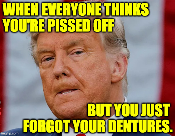 Or both. | WHEN EVERYONE THINKS
YOU'RE PISSED OFF; BUT YOU JUST 
FORGOT YOUR DENTURES. | image tagged in memes,old toothless donny | made w/ Imgflip meme maker