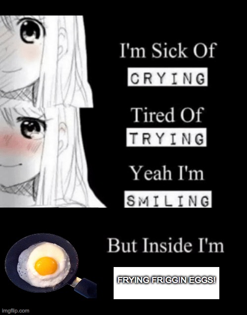 I'm Sick Of Crying | FRYING FRIGGIN EGGS! | image tagged in i'm sick of crying | made w/ Imgflip meme maker