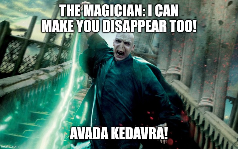 Voldemort avada kedavra | THE MAGICIAN: I CAN MAKE YOU DISAPPEAR TOO! AVADA KEDAVRA! | image tagged in voldemort avada kedavra | made w/ Imgflip meme maker