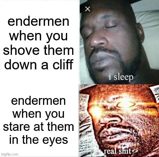 Sleeping Shaq Meme | endermen when you shove them down a cliff; endermen when you stare at them in the eyes | image tagged in memes,sleeping shaq | made w/ Imgflip meme maker